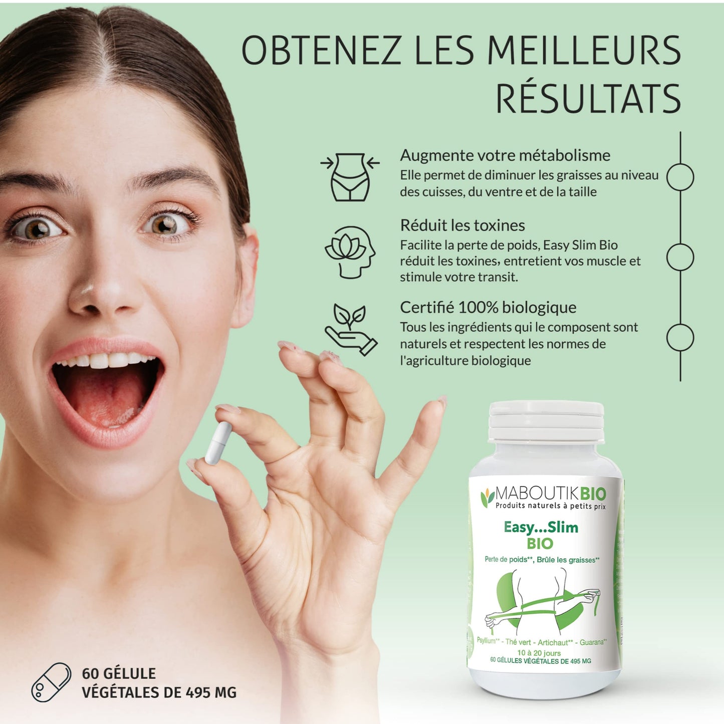 Brûleur de Graisse Puissant extra fort Perte de Poids Rapide minceur/brule graisse homme et femme, ventre plat easy slim maboutikbio, detox foie Coupe Faim Puissant Efficace minceur 100% bio 60 gélule